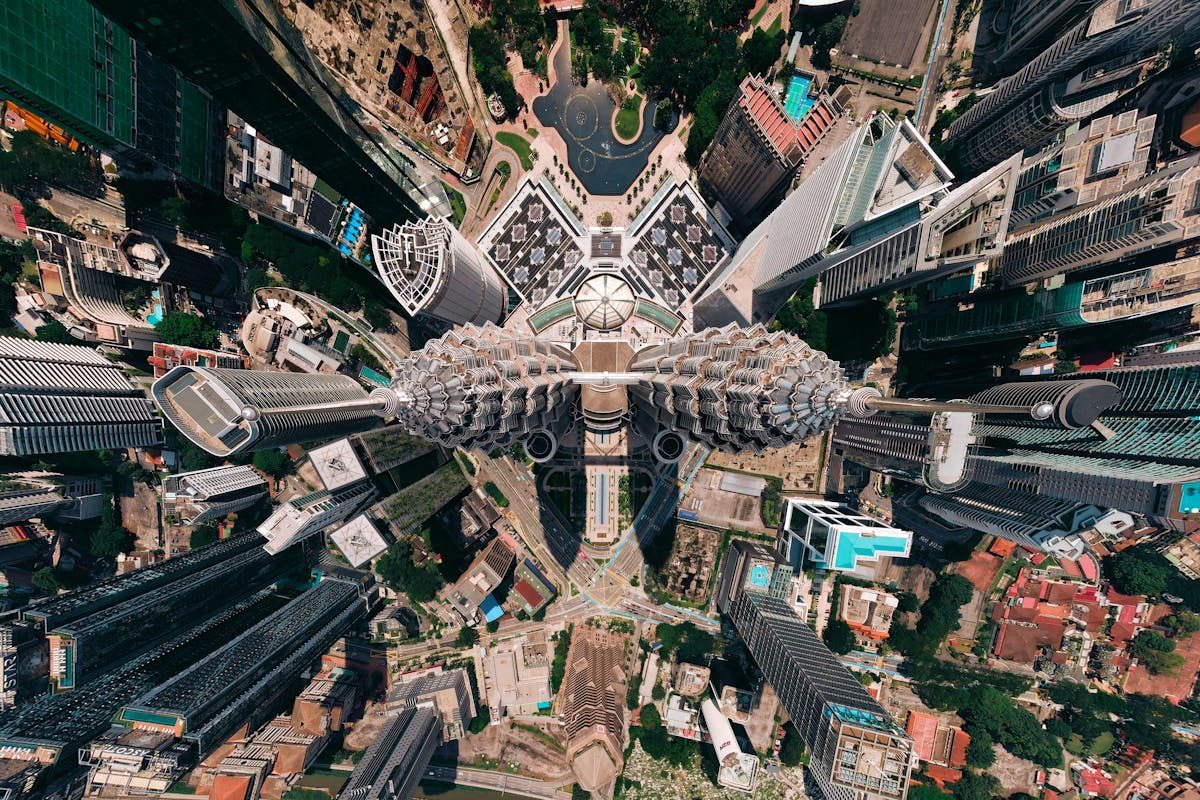 Aerial bird's-eye view of the Petronas Twin Towers