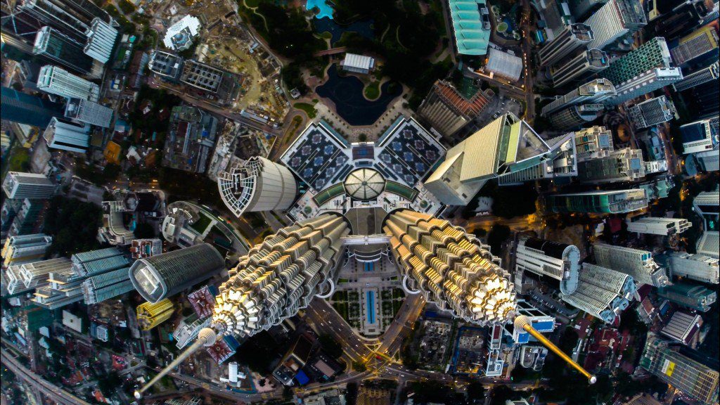 Drone perspective of the Petronas Twin Towers and surroundings