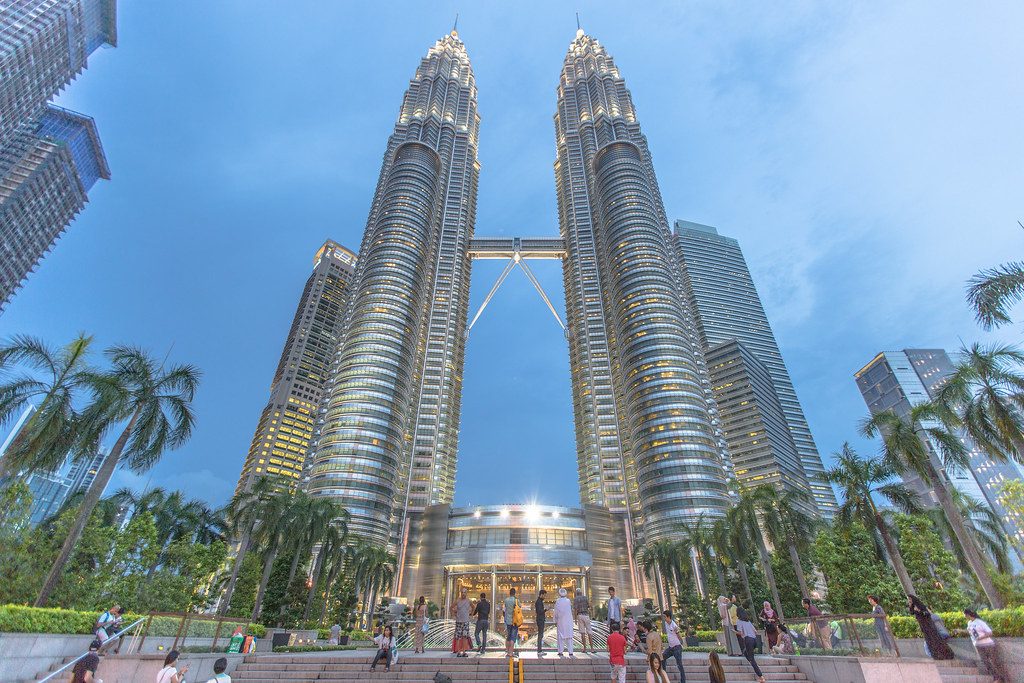 The completed Petronas Twin Towers seen from KLCC precinct