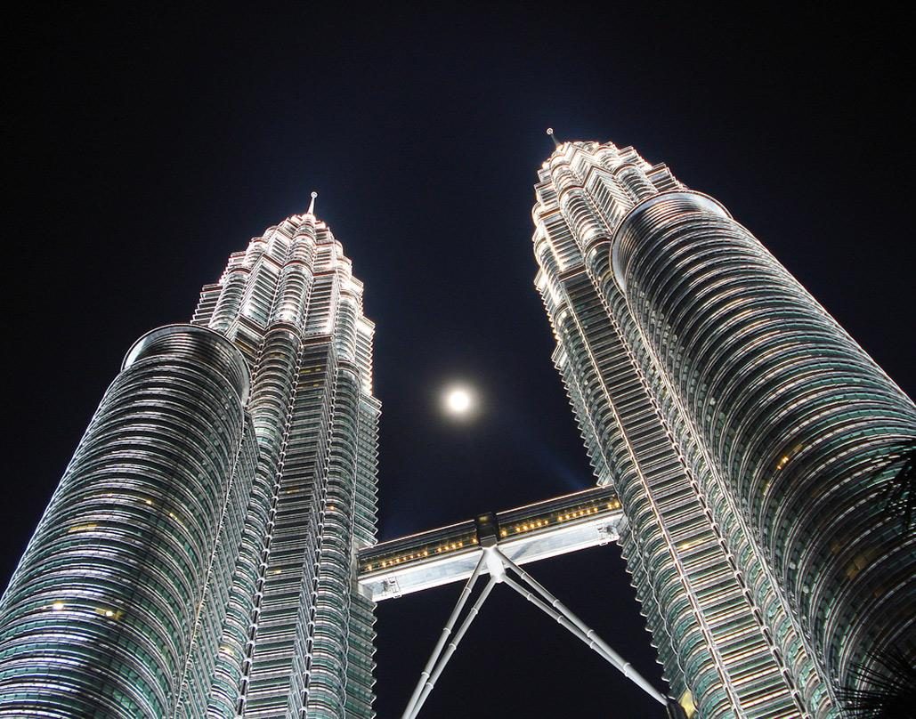 Close-up of the Petronas Towers facade and tapering setbacks