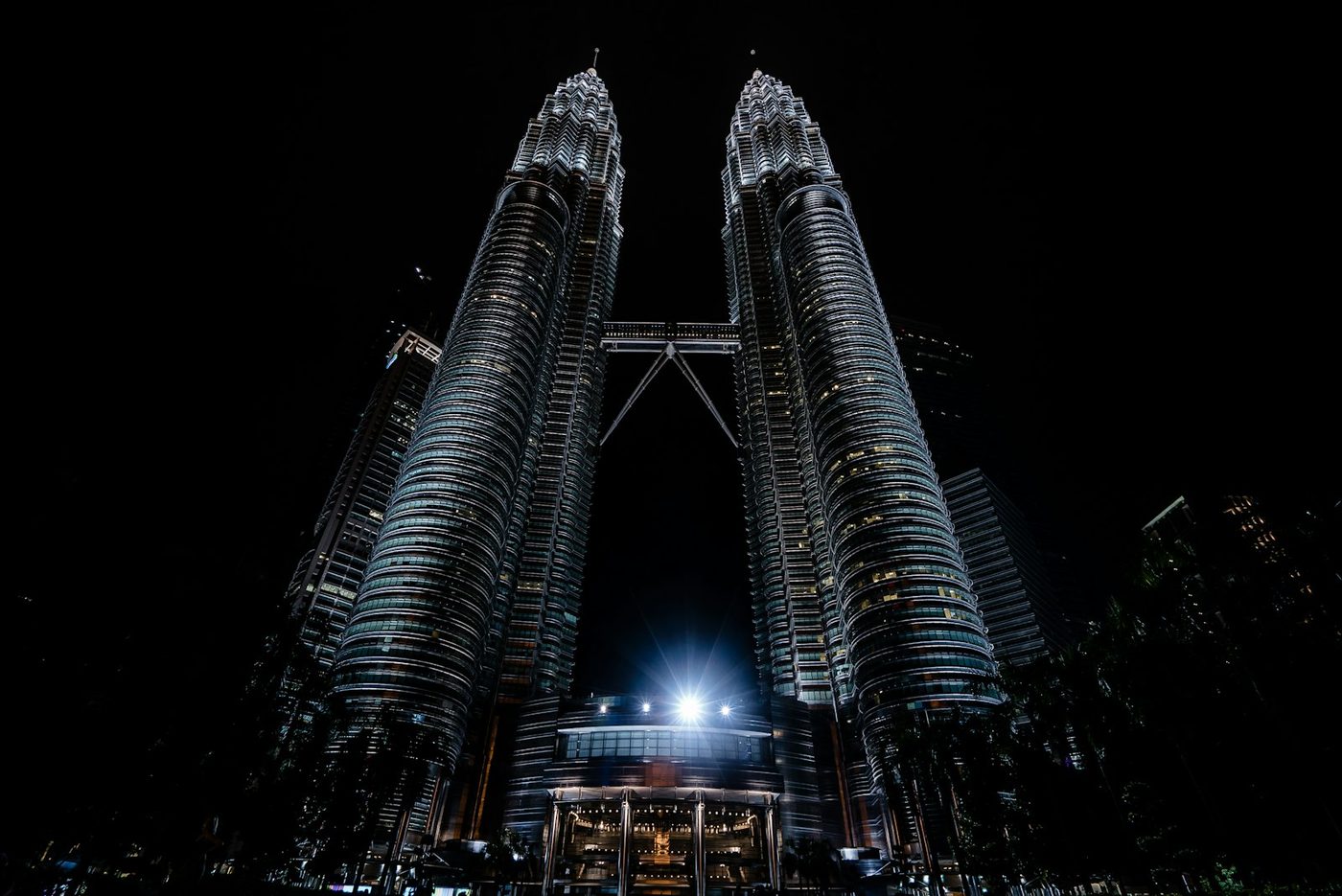 Petronas Twin Towers brightly illuminated at night